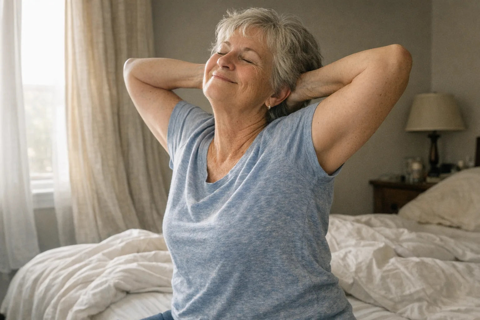 Person in their sixties sitting on the edge of the bed in bright morning light, stretching with a private smile
