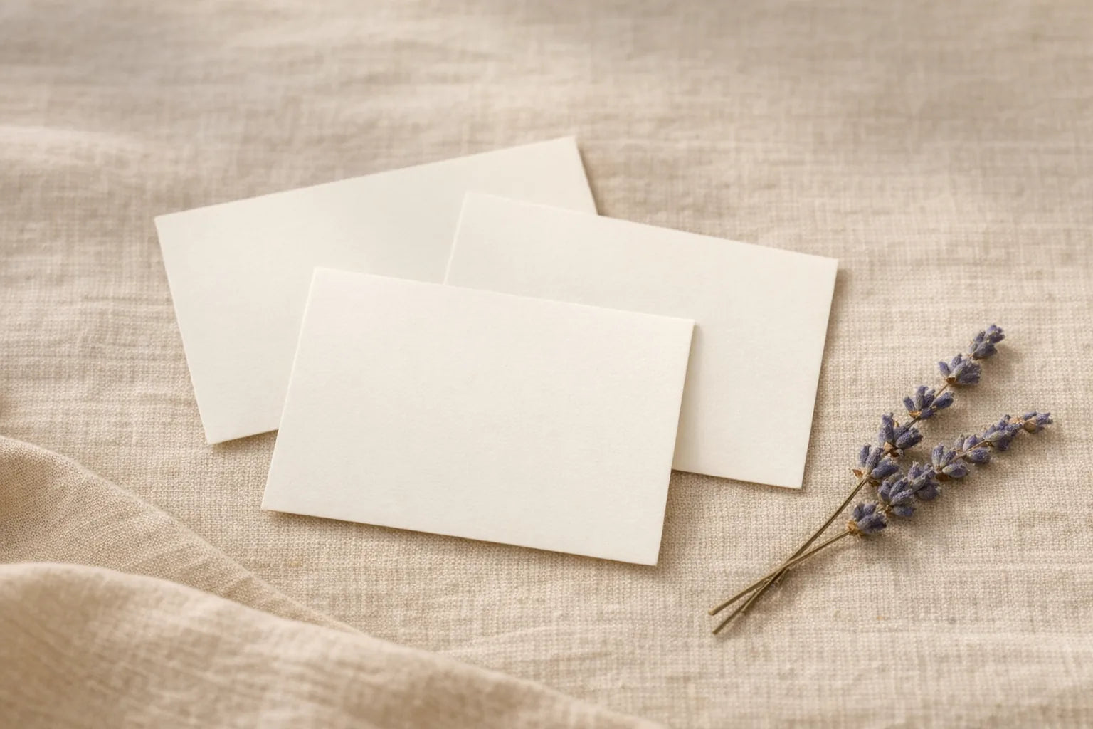 Three blank cream note cards arranged on a warm neutral surface
