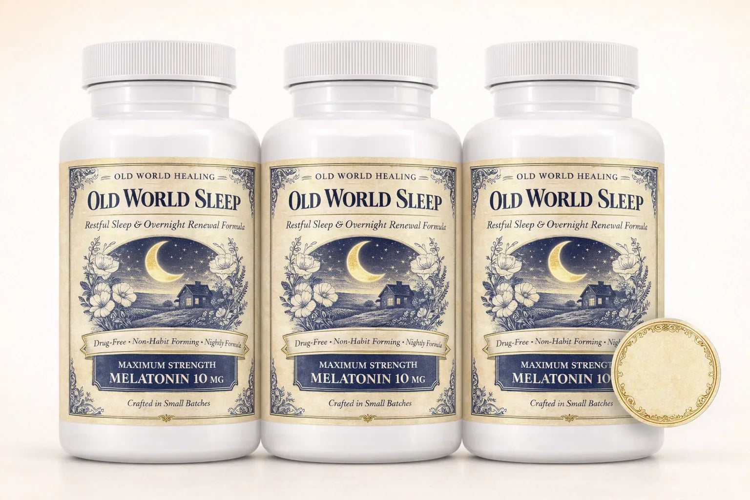 Three Old World Sleep bottles grouped on a clean surface beside a guarantee seal