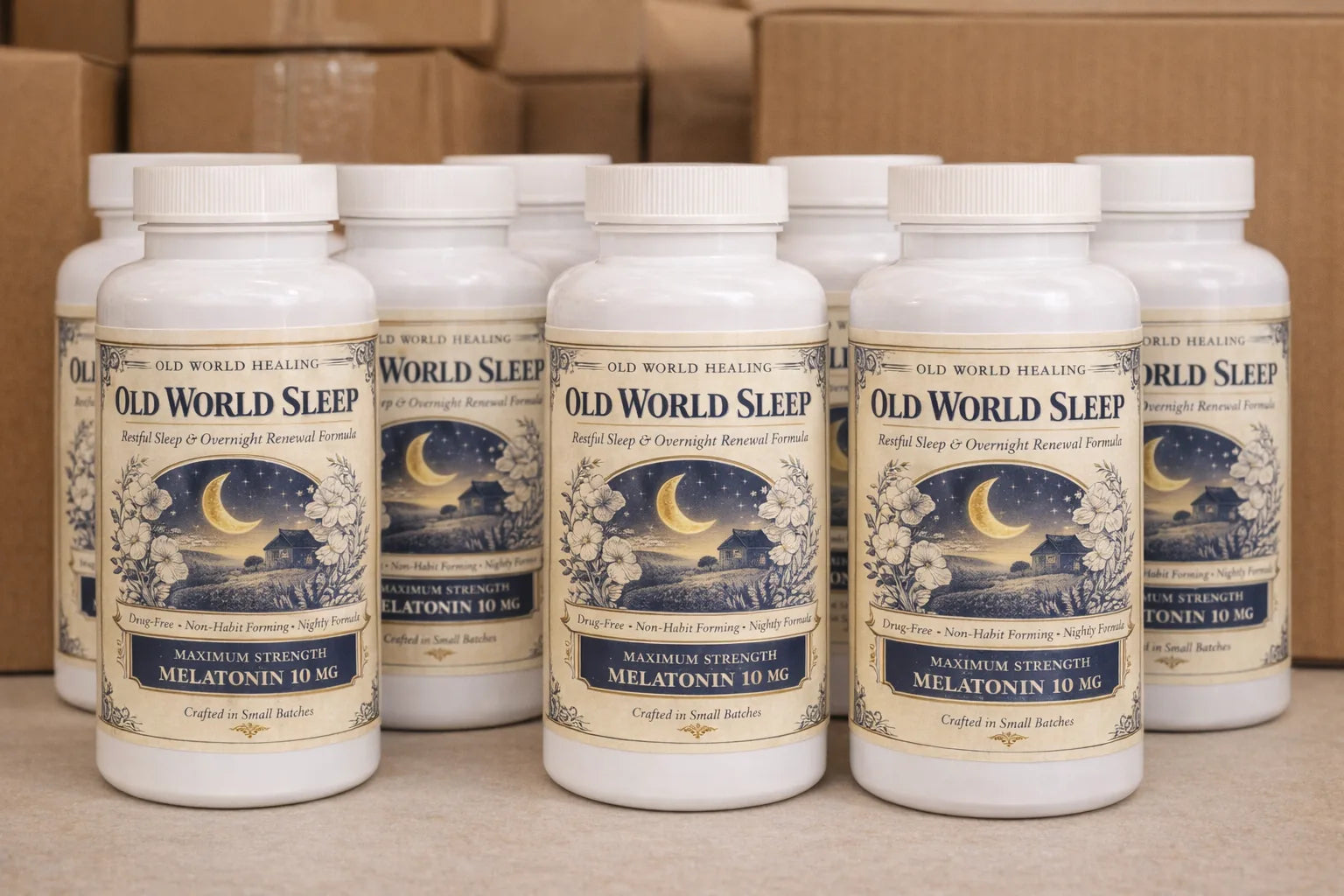 Old World Sleep bottles stacked with shipping cartons softly out of focus behind them