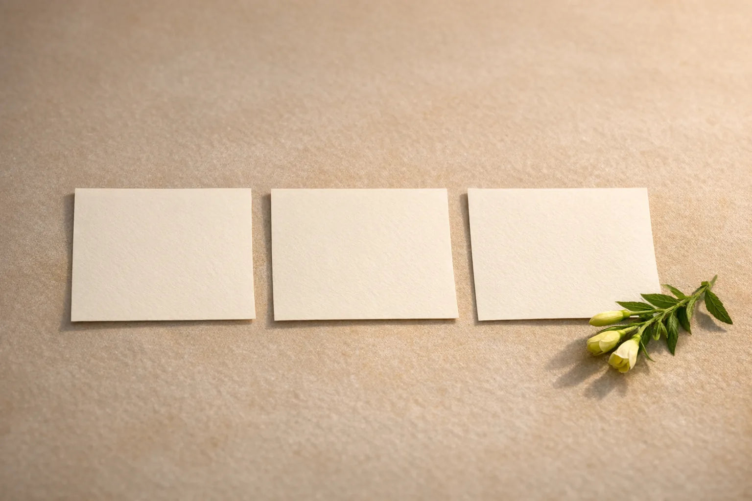 Three blank cream note cards with soft shadows on a warm neutral background