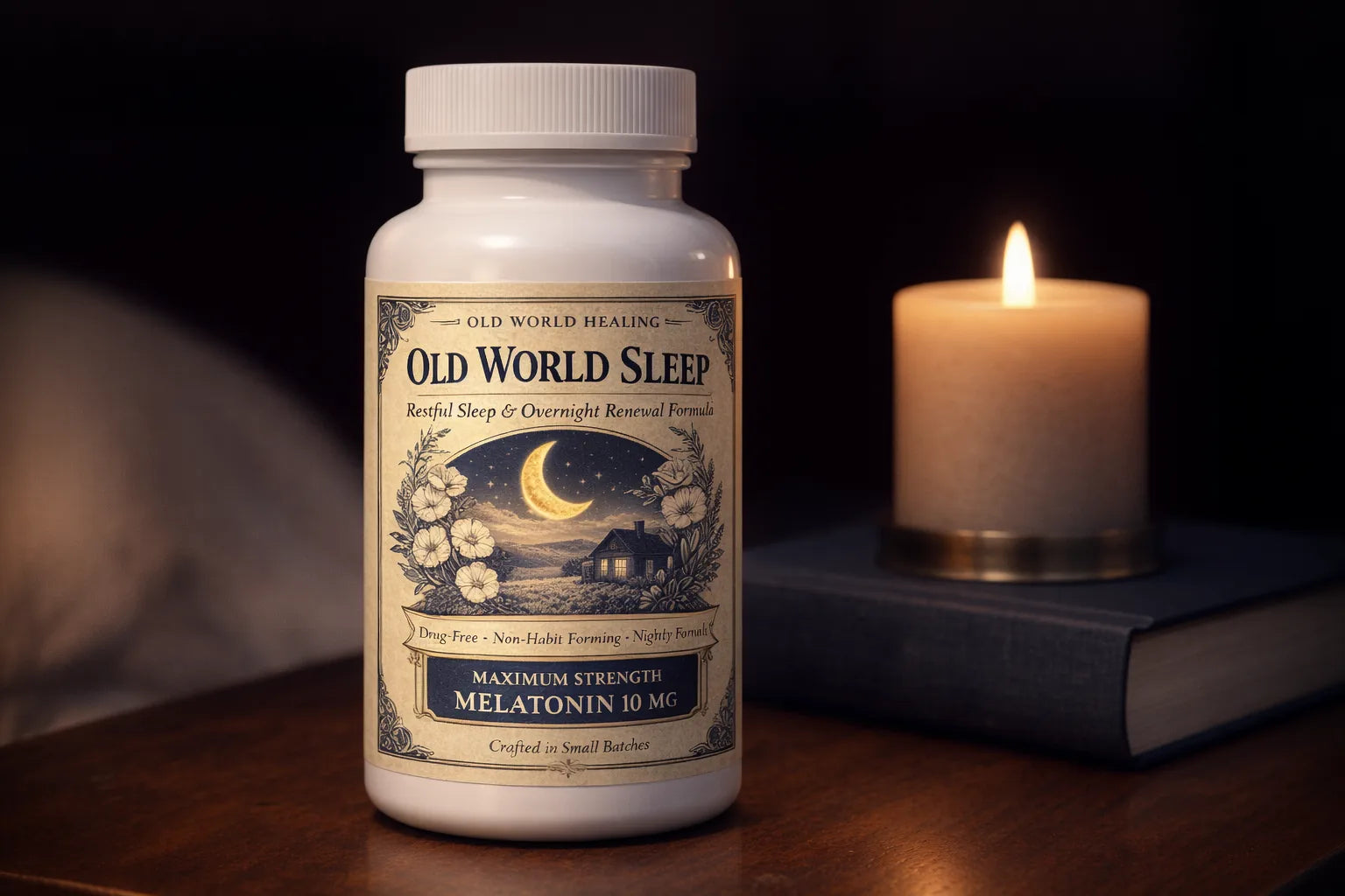 Old World Sleep bottle beside a lit bedside candle and a closed book on a nightstand