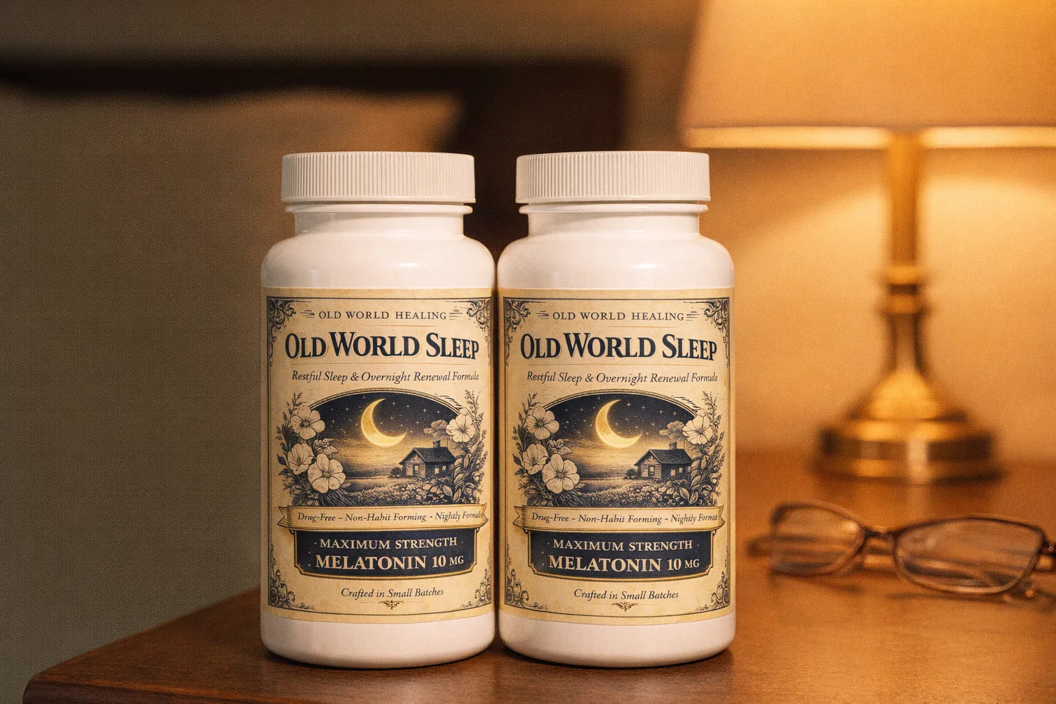 Old World Sleep on a nightstand beside a lamp and reading glasses