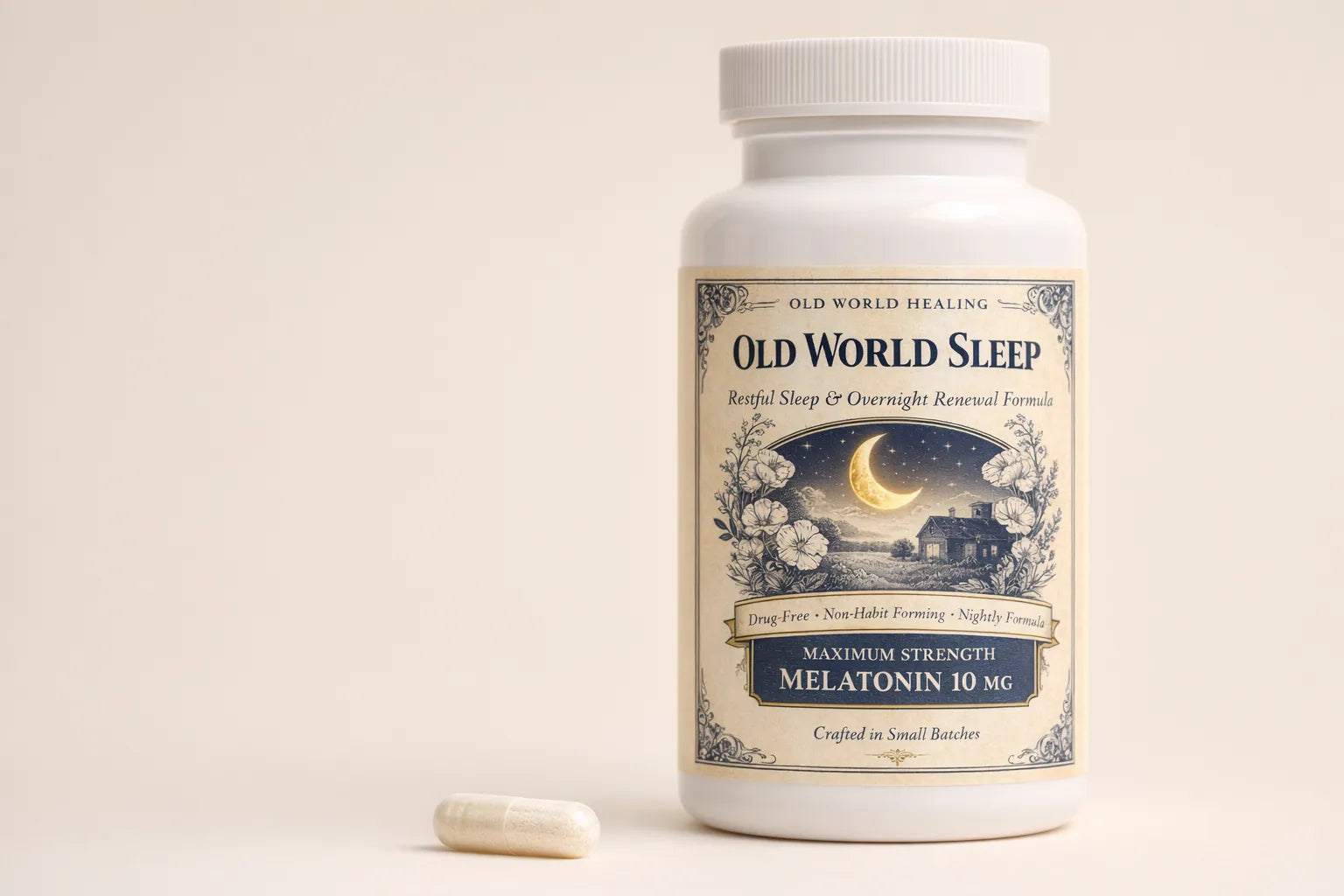 One Old World Sleep capsule beside the bottle