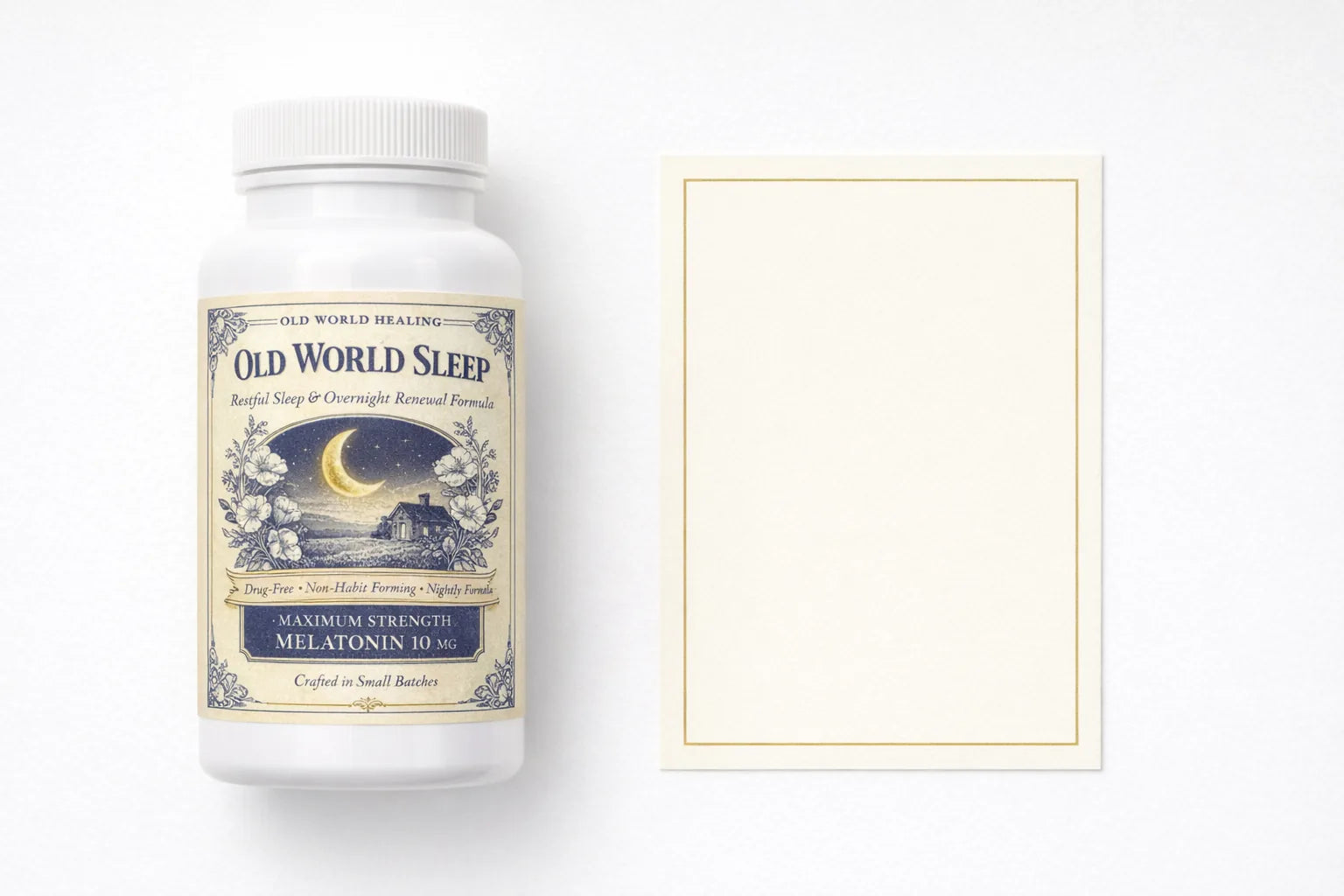 Box one, shot from above: the Old World Sleep bottle on a bright white surface