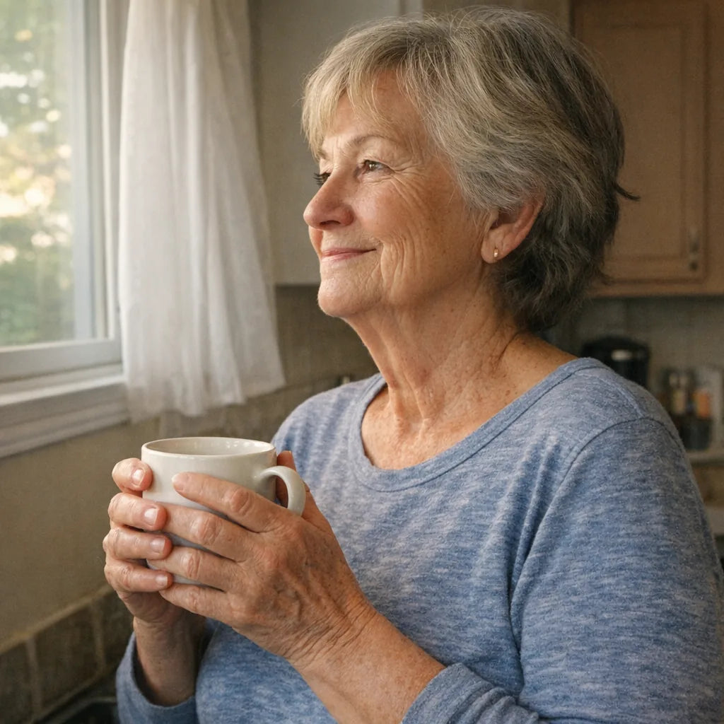 A woman in her seventies at a kitchen window in morning light