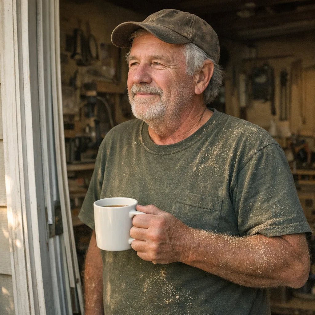 A man in his late sixties in a workshop doorway in early light