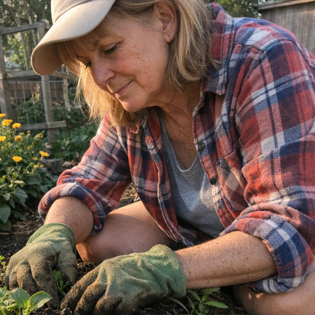 A woman in her early sixties kneeling in a garden bed in morning sun