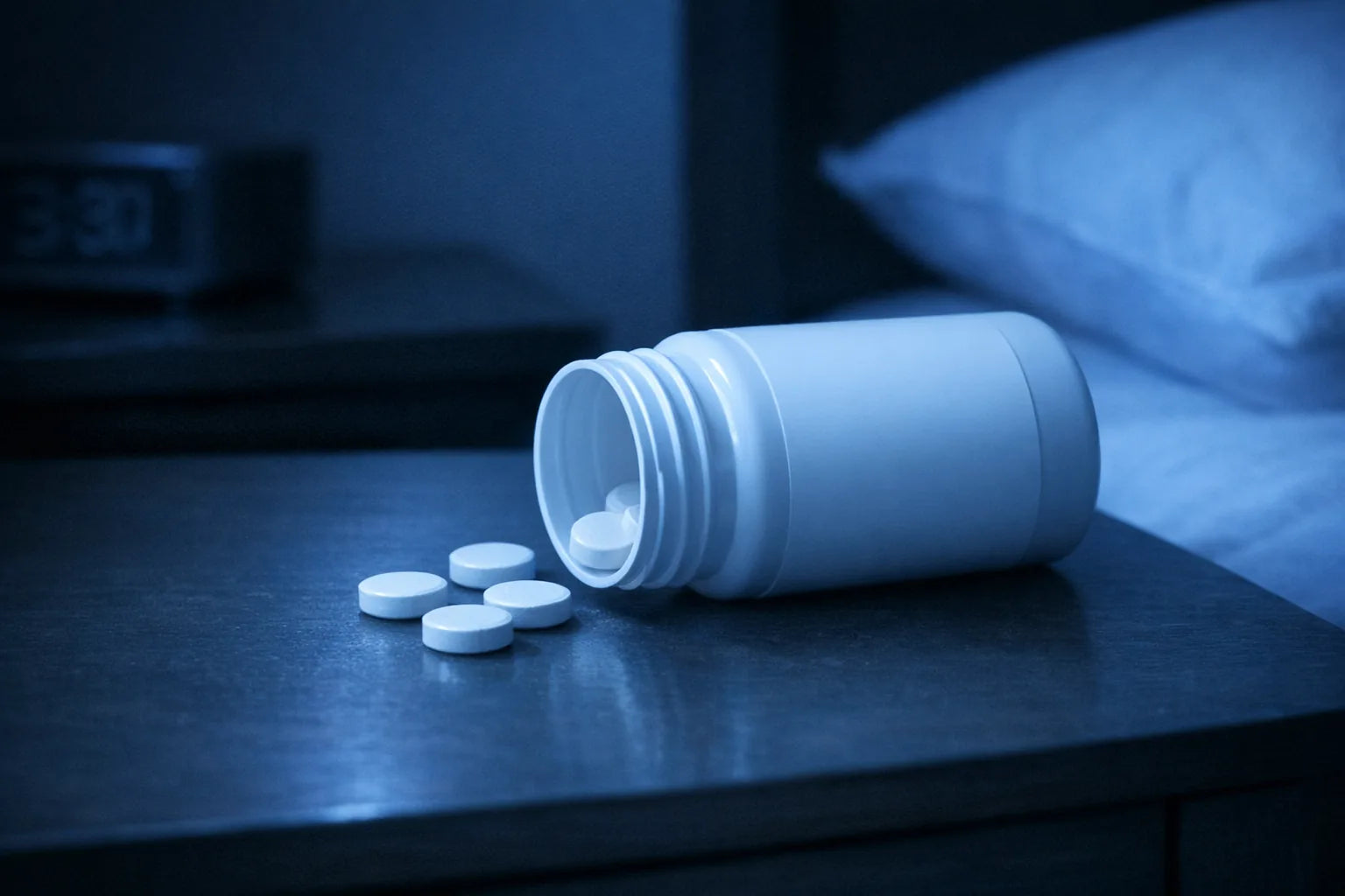 A generic unbranded pill bottle tipped over on a nightstand at 4am