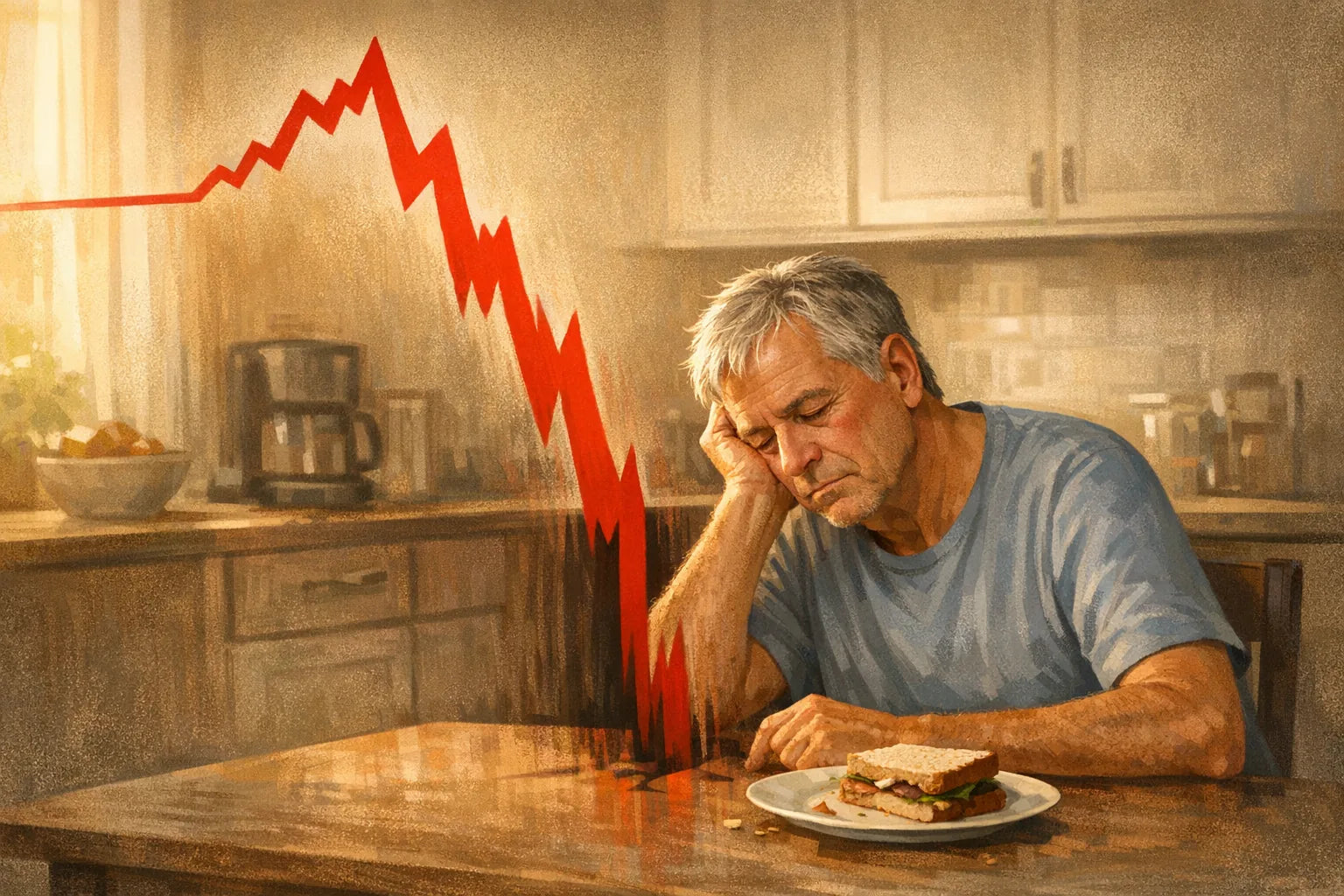 Editorial illustration of a person slumped at a kitchen table at three o'clock with a crashing red line behind them