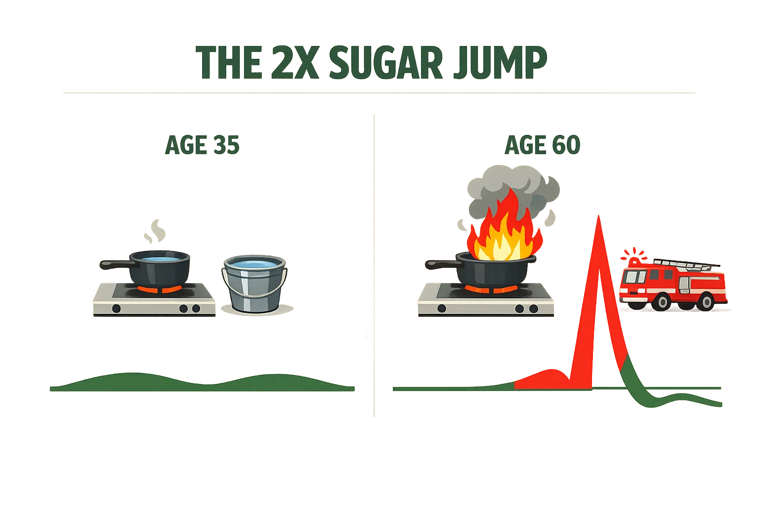 Infographic titled The 2X Sugar Jump comparing age 35 and age 60 blood sugar curves