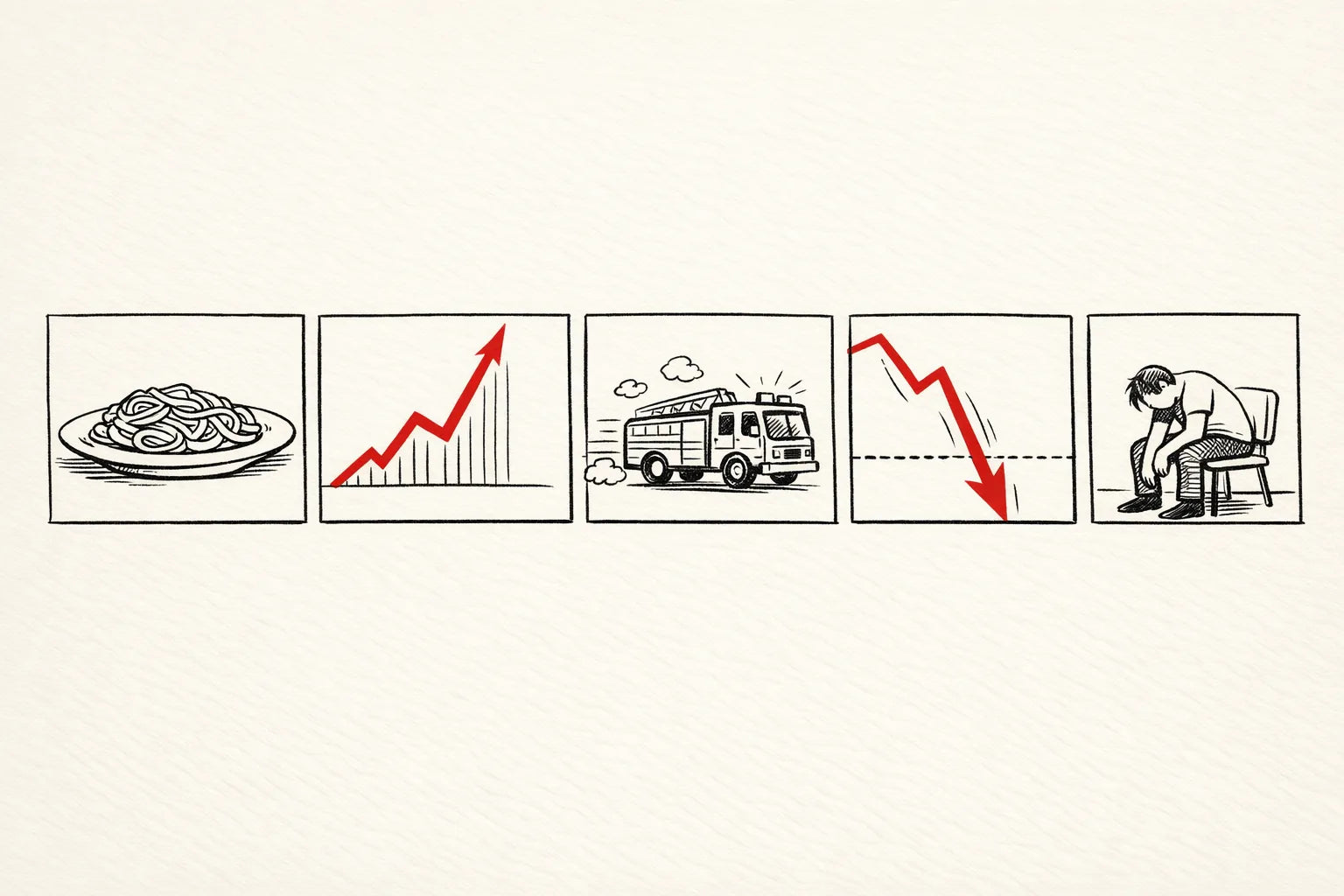 Napkin-sketch illustration in five panels showing a meal, a spike, a late fire truck, a plunge below baseline and a slumped person
