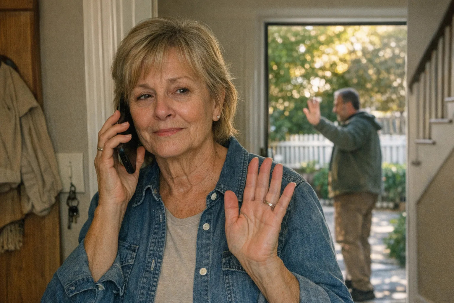 Phone-camera photo of an older person in a doorway on the phone waving off a friend on the front path