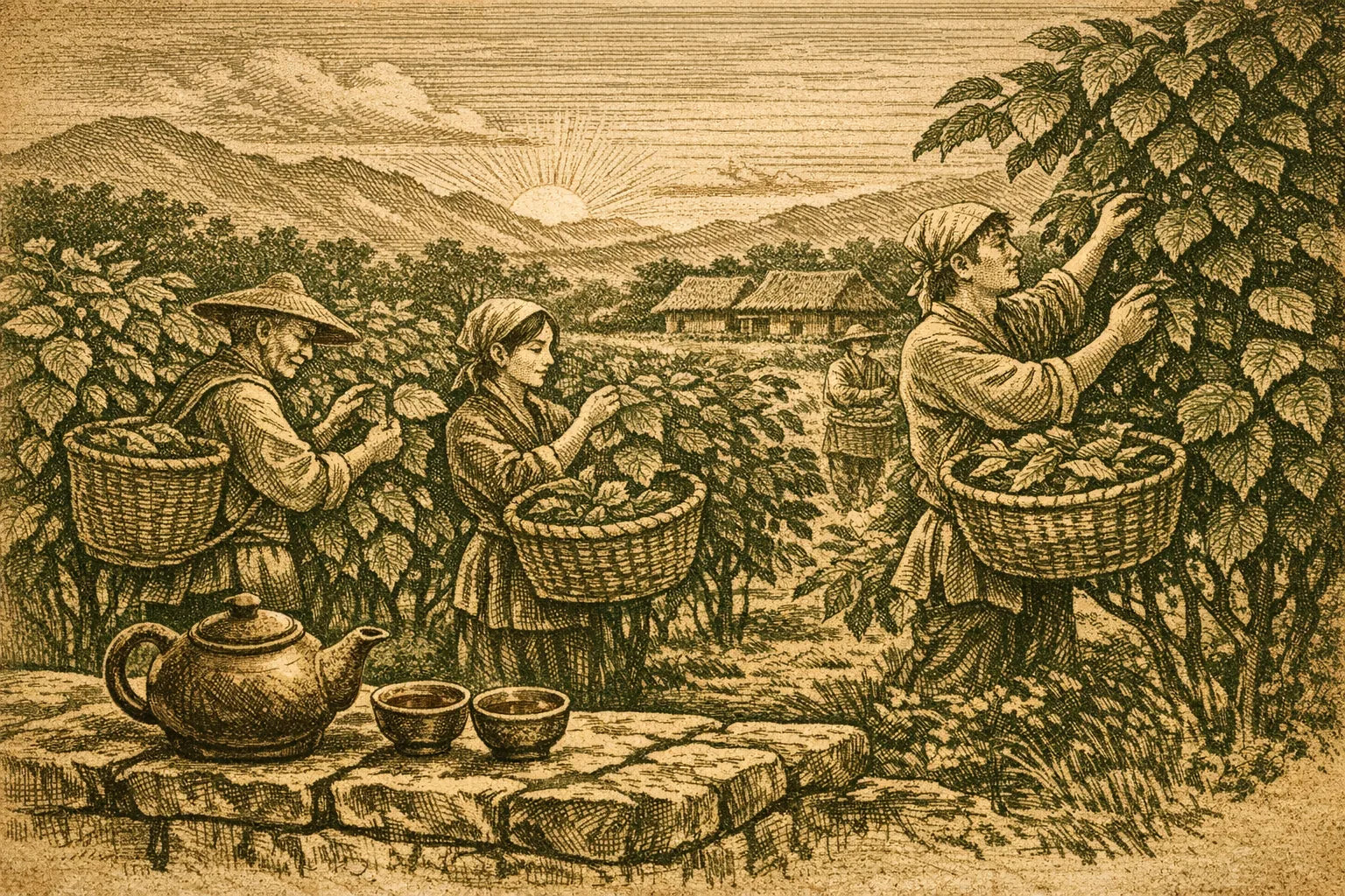 Heritage engraving-style illustration of silk farmers picking mulberry leaves at dawn with a clay teapot in the foreground