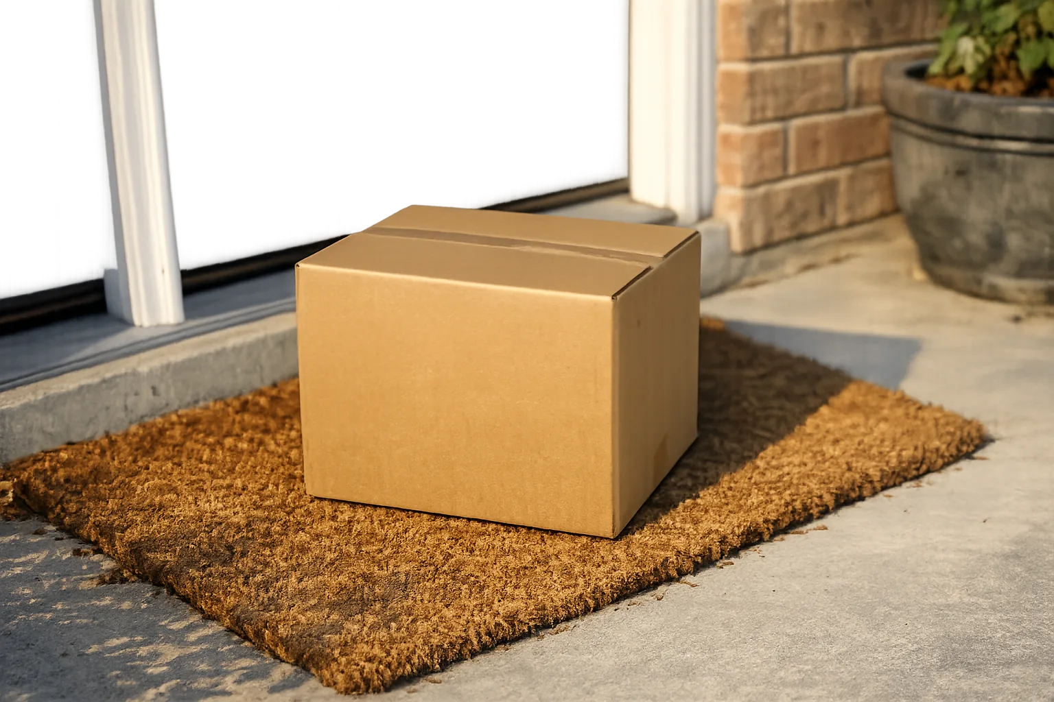 Phone-camera photo of a plain cardboard shipping box on a front doormat in morning light
