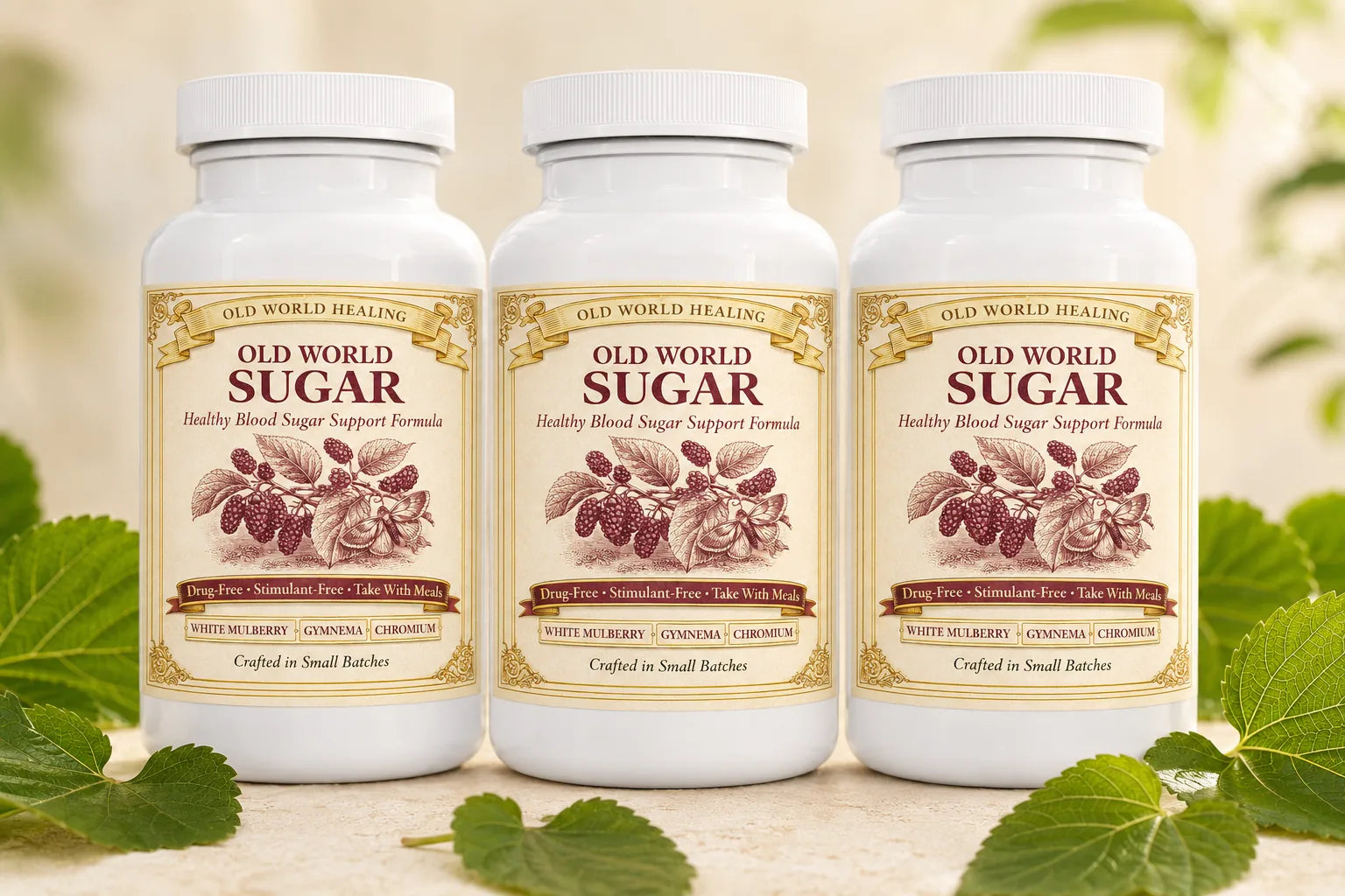 Three bottles of Old World Sugar lined up on a warm cream surface with mulberry leaves