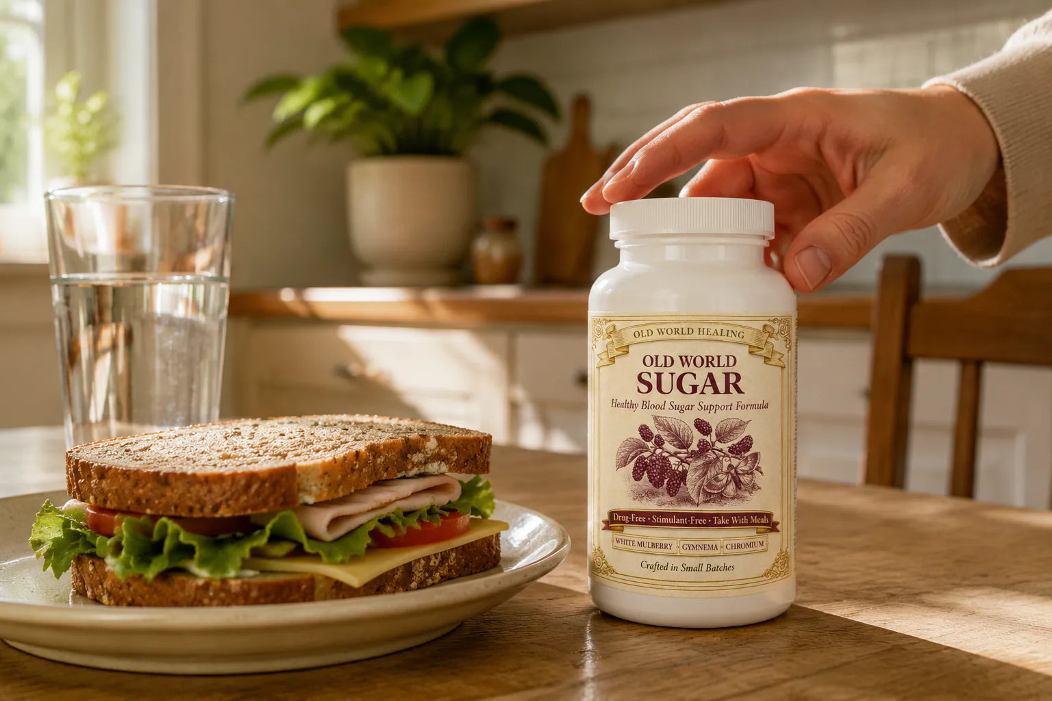 Old World Sugar bottle on a set lunch table beside a sandwich and a glass of water