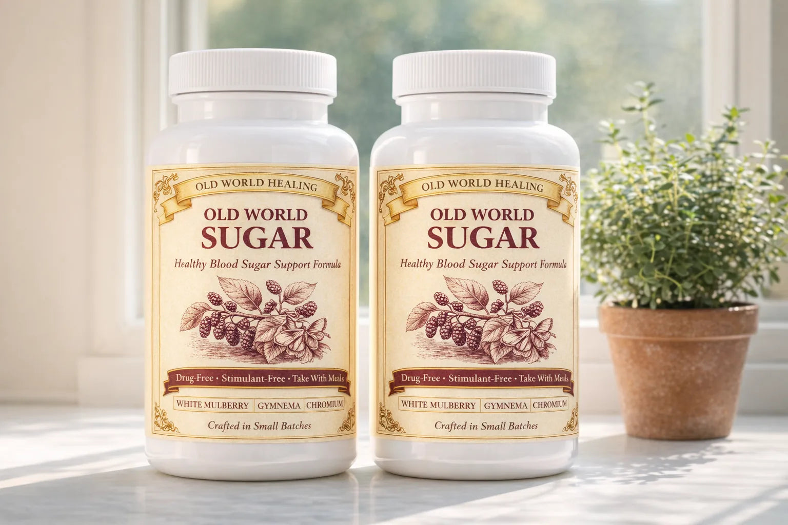 Two bottles of Old World Sugar on a sunlit windowsill next to a small potted herb