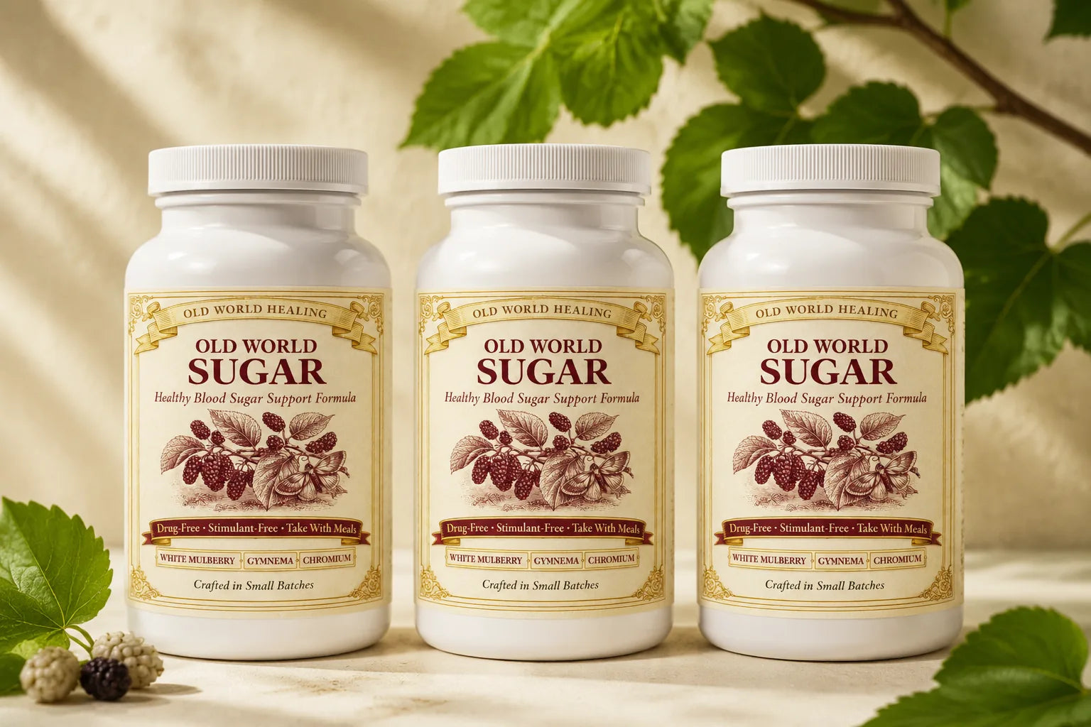 Three bottles of Old World Sugar on warm cream with mulberry leaves in soft natural light