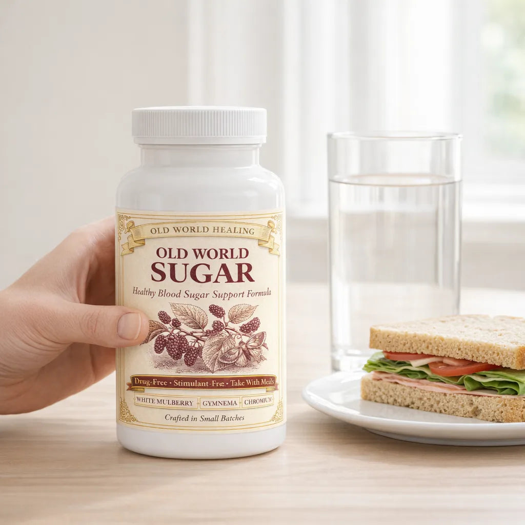 A hand setting the Old World Sugar bottle beside a sandwich lunch and a glass of water