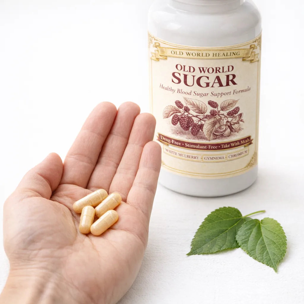 An open palm holding Old World Sugar capsules beside the bottle and mulberry leaves