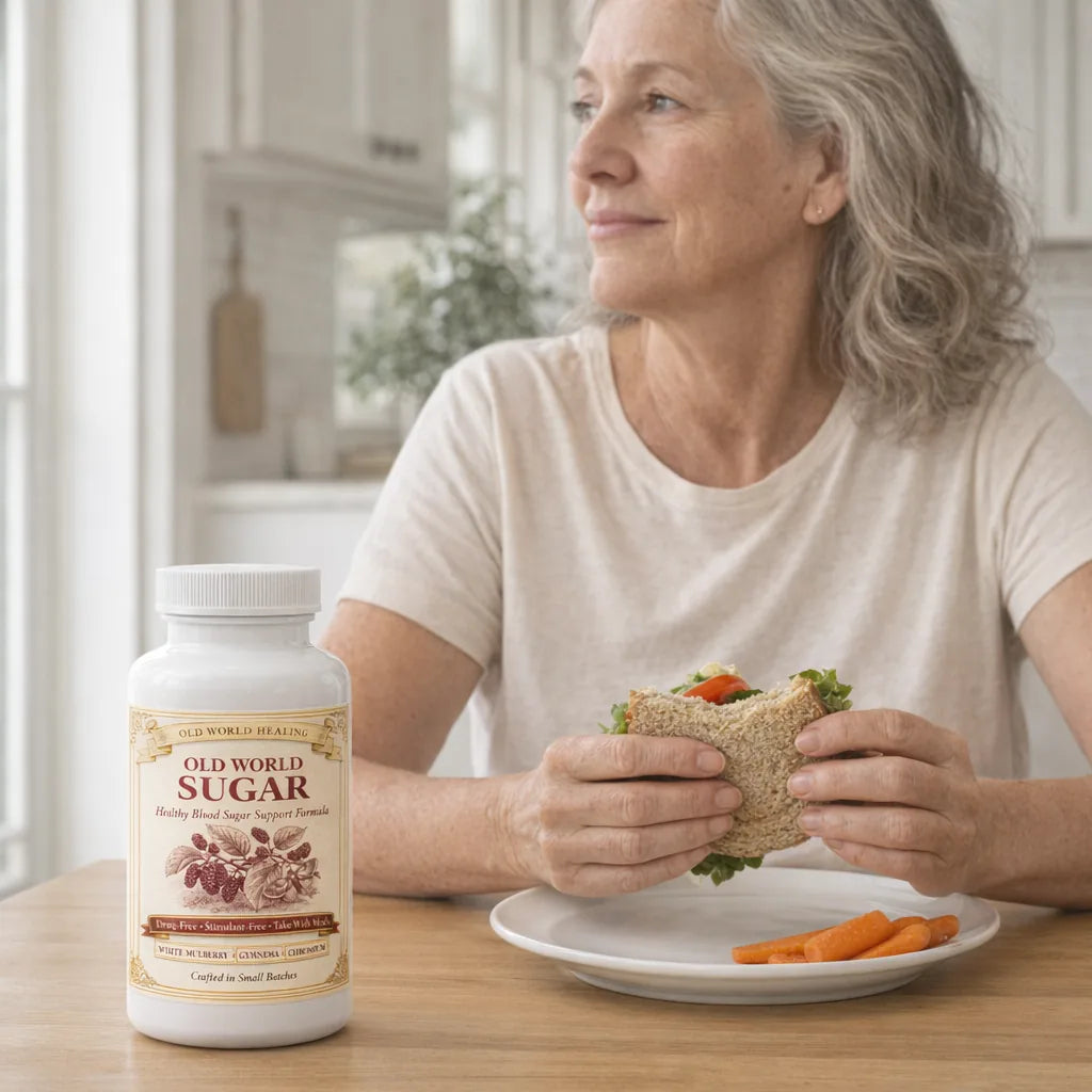 A woman in her sixties eating an ordinary sandwich lunch with the bottle on the table
