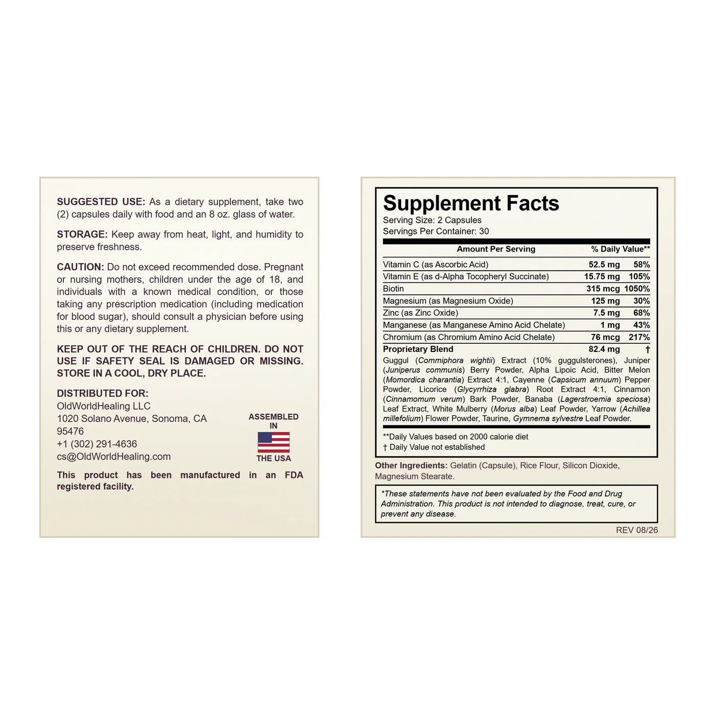 Old World Sugar Supplement Facts panel