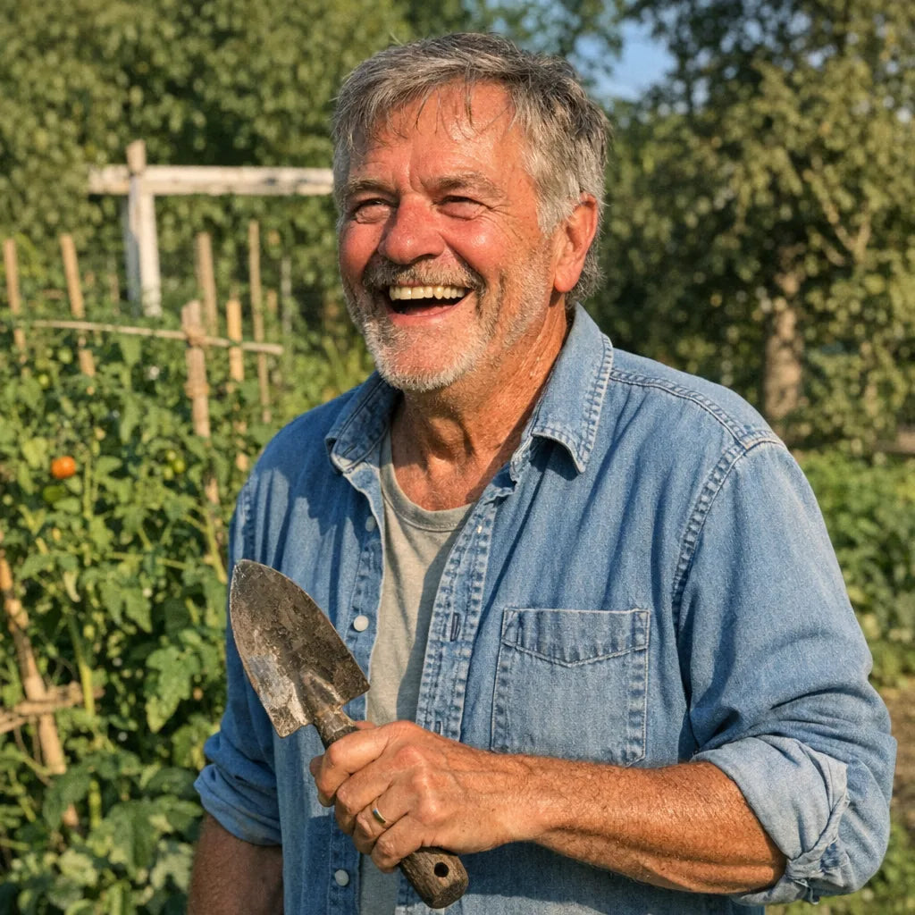 A man in his late sixties in his garden