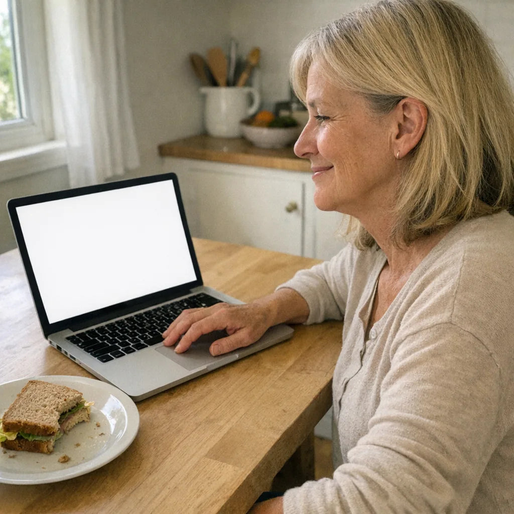 A woman in her early sixties at a kitchen table with a sandwich and a laptop