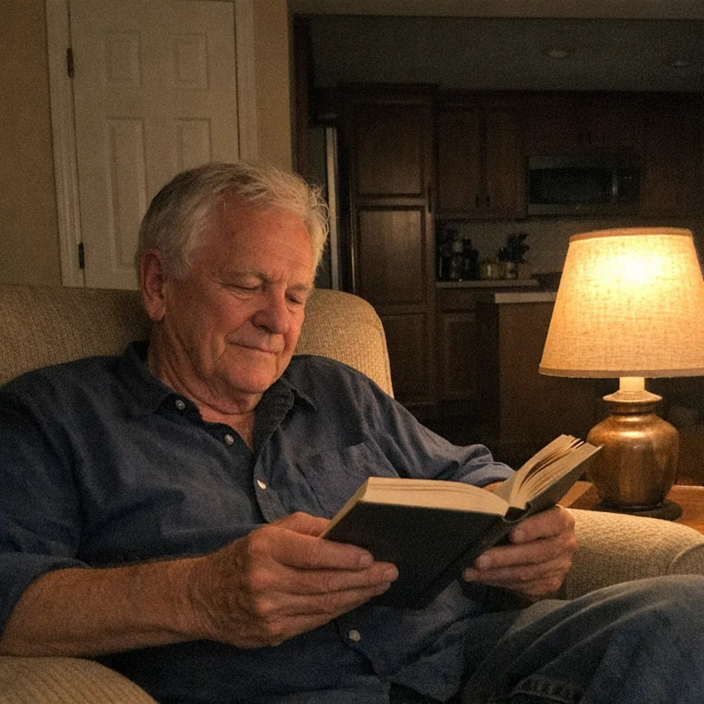 An older man reading in a lamplit living room at night