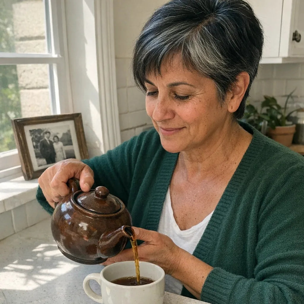 A woman in her late fifties pouring tea in a sunlit kitchen