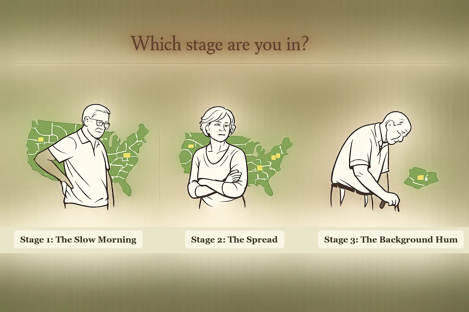 Three-stage progression infographic on a warm cream background: The Slow Morning, The Spread, The Background Hum