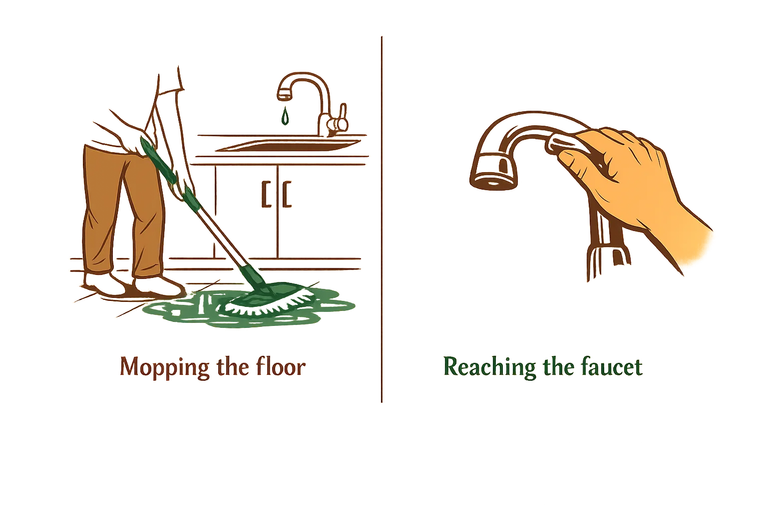 Split comparison illustration: mopping a puddle on the left, reaching for the faucet handle on the right