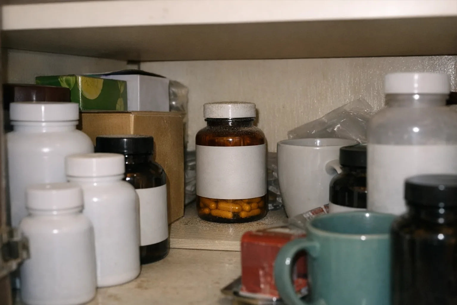 Phone photo looking into a cluttered kitchen cabinet with a half-used bottle of generic turmeric capsules pushed to the back