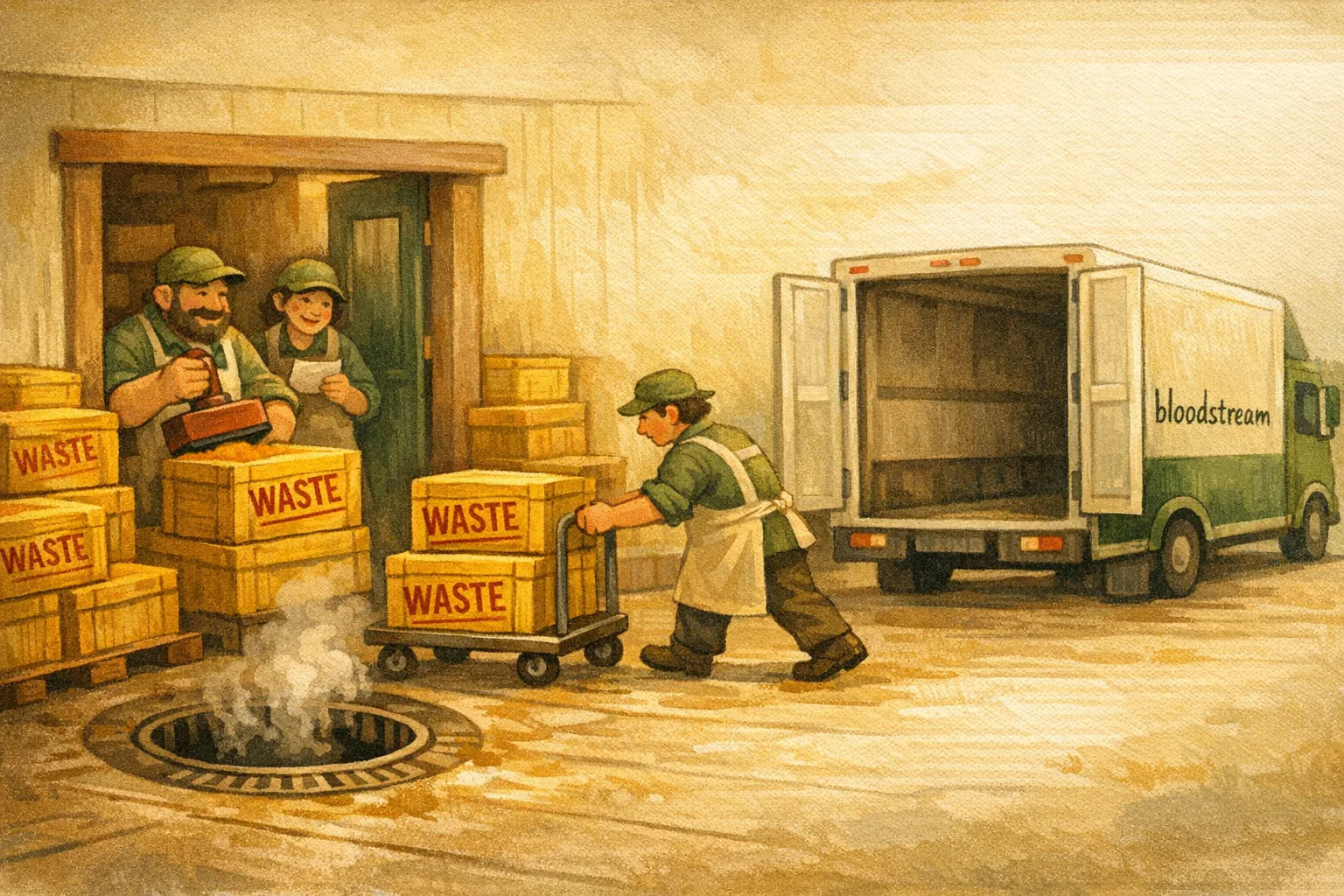 Warm whimsical illustration of an interior shipping dock where workers stamp golden turmeric crates as waste and roll them toward a drain