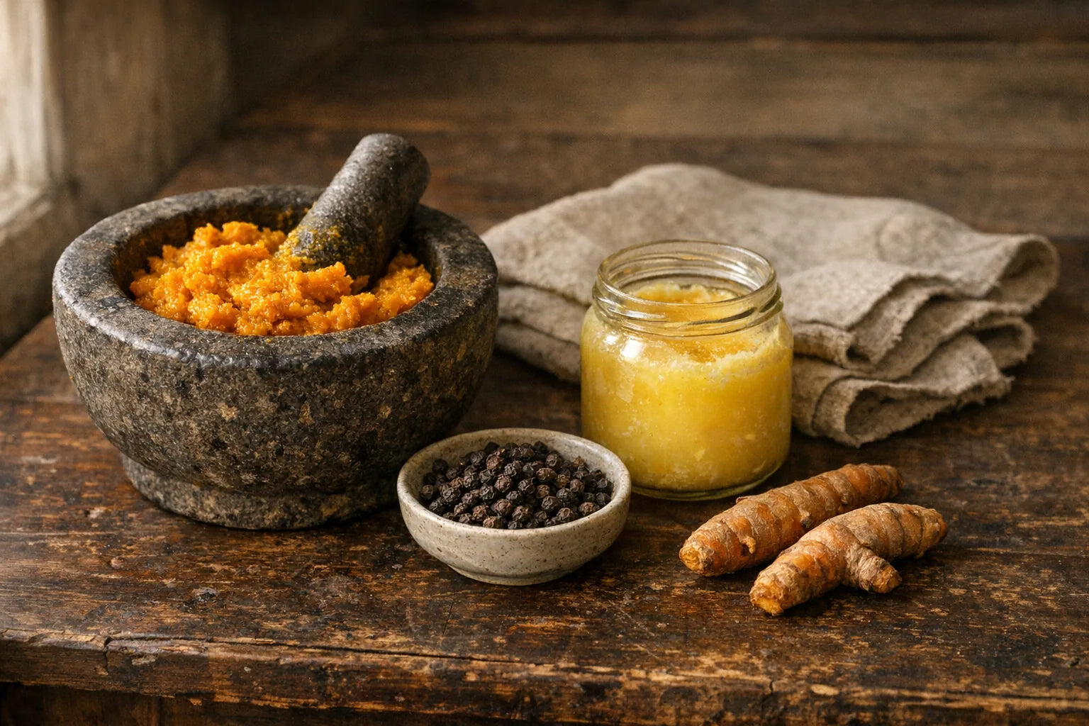 Heritage still life on a worn wooden table: stone mortar and pestle with golden turmeric paste, whole black peppercorns and a jar of ghee