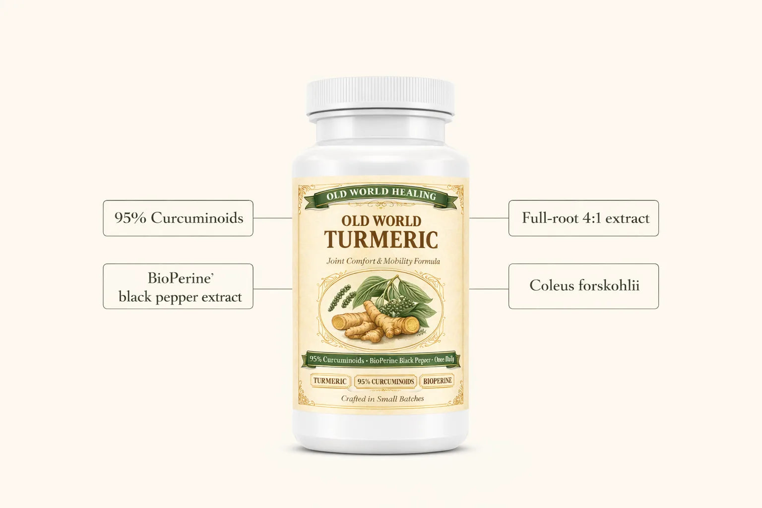 Product feature breakdown infographic with the Old World Turmeric bottle centred and four callout lines