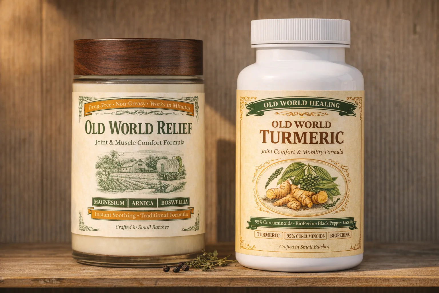 The Old World Relief glass apothecary jar beside the Old World Turmeric bottle on a wooden shelf in warm light