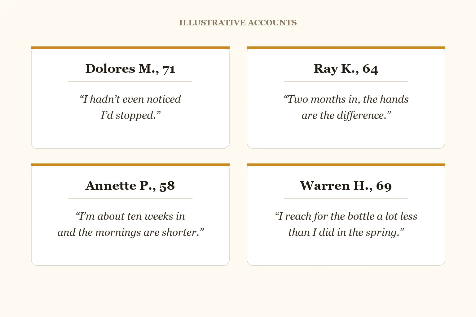 Warm editorial collage of four plain story cards on a cream background, each with a first name, an age and a short line