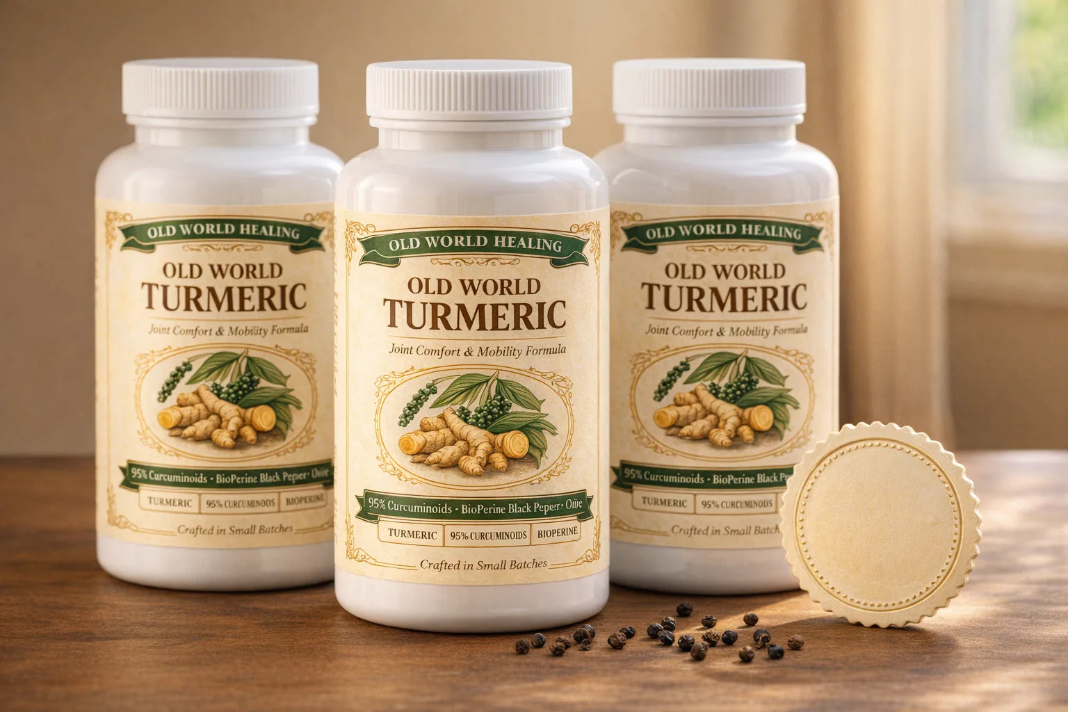 Three bottles of Old World Turmeric grouped on warm wood with a guarantee seal and scattered black peppercorns