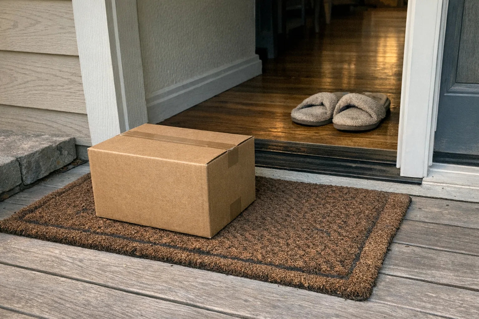 Phone photo of a plain shipping box on a front porch in morning light with house slippers just inside the doorway