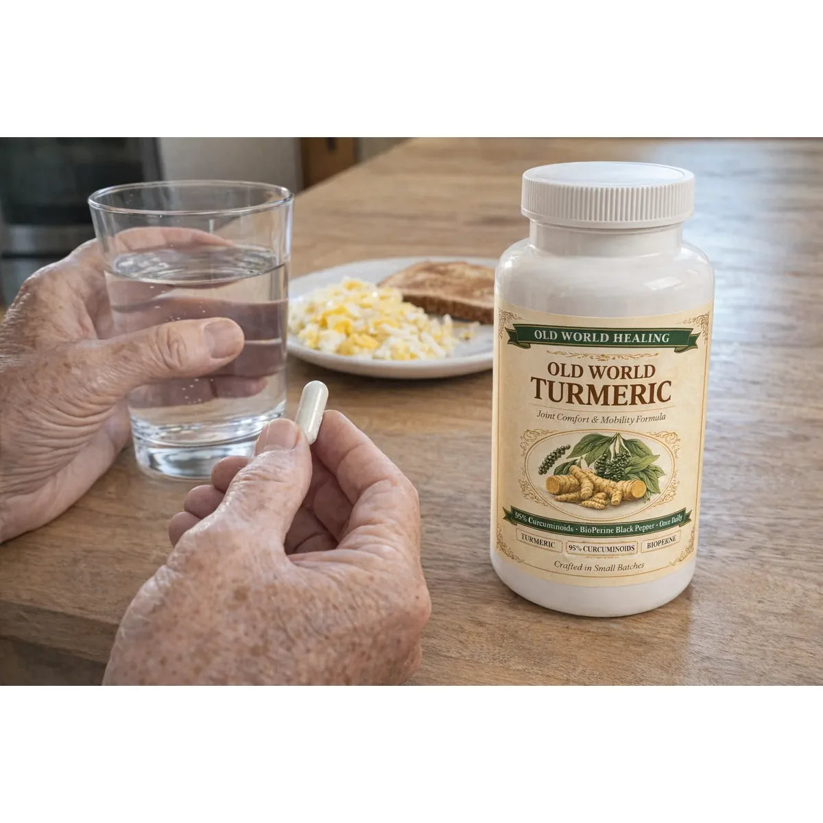 One capsule with a glass of water at breakfast