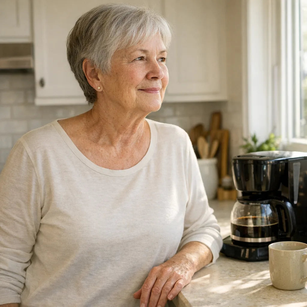 A woman in her early seventies at a kitchen counter