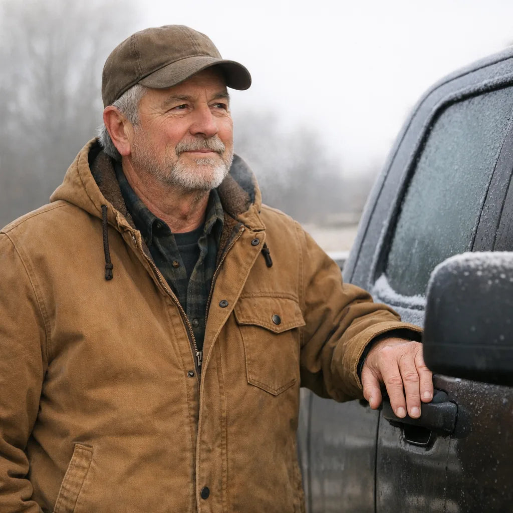 A man in his mid sixties beside a pickup truck