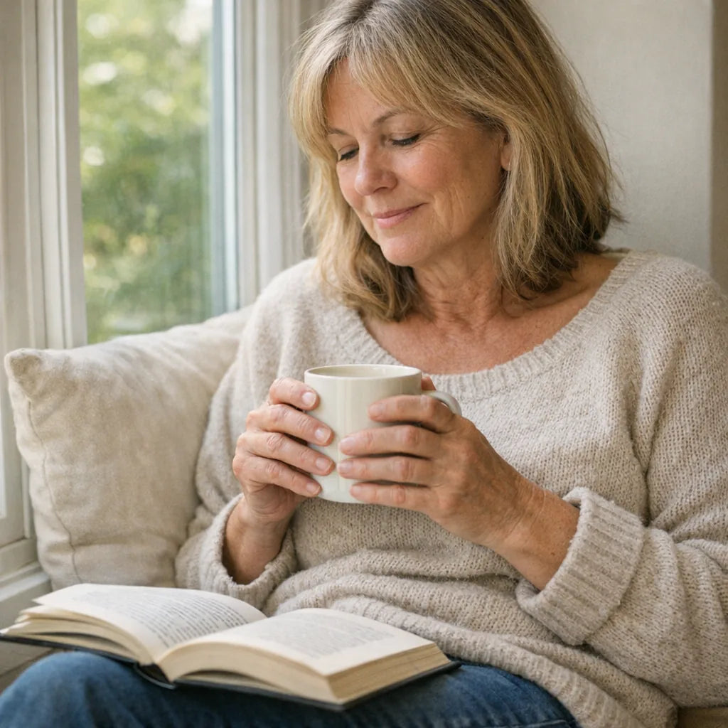 A woman in her late fifties reading at a window seat