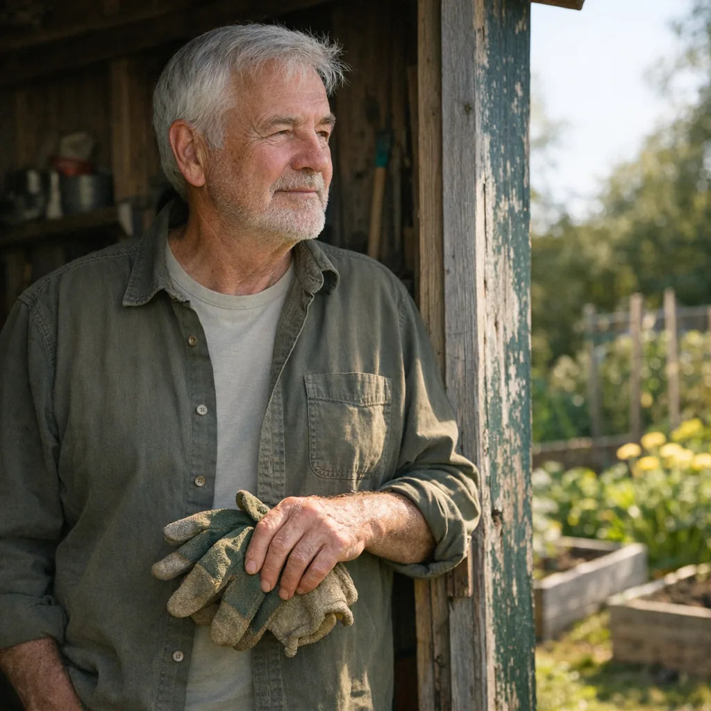 A man in his late sixties in a garden shed doorway