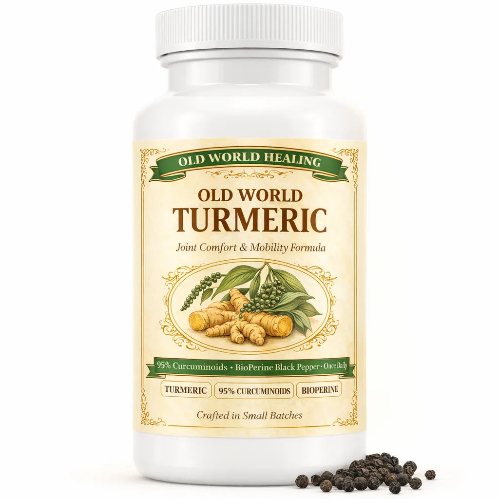The Old World Turmeric bottle with black peppercorns