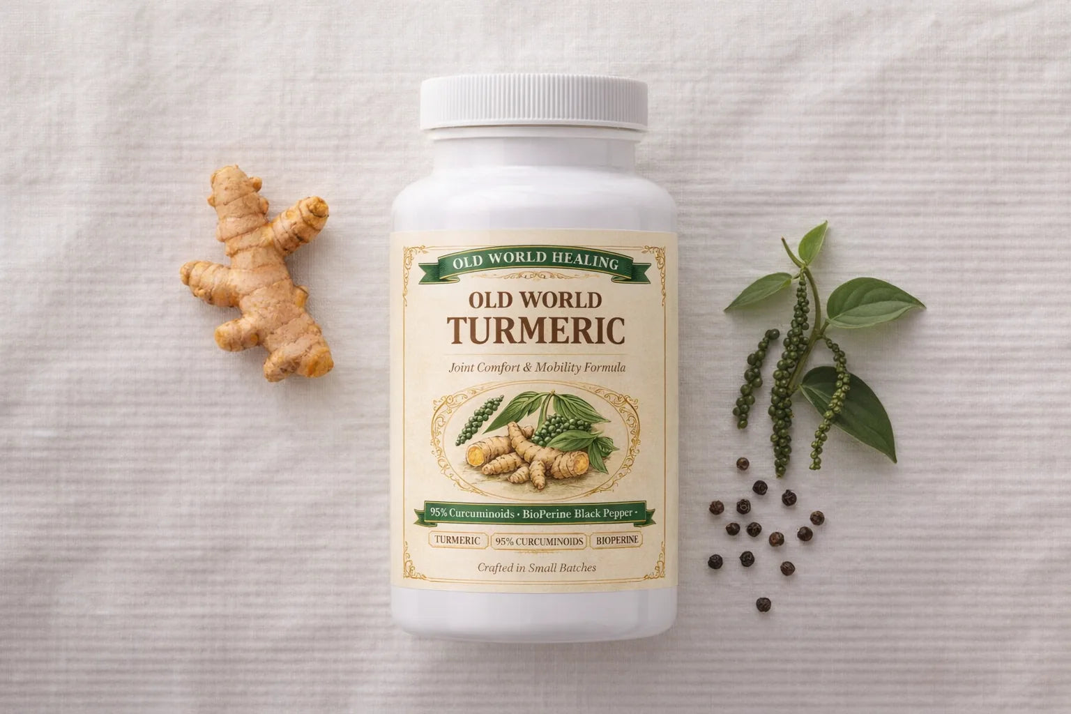 The bottle with raw turmeric and black pepper on cream linen